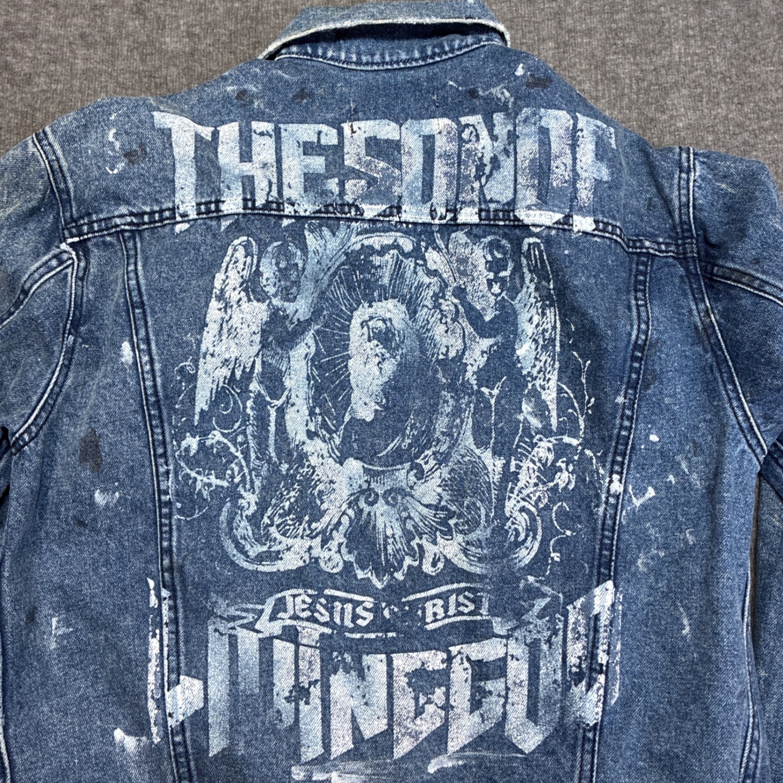Someit Denim Jacket Jesus Mens Xl Blue Graphic Print Paint Splatter Distressed